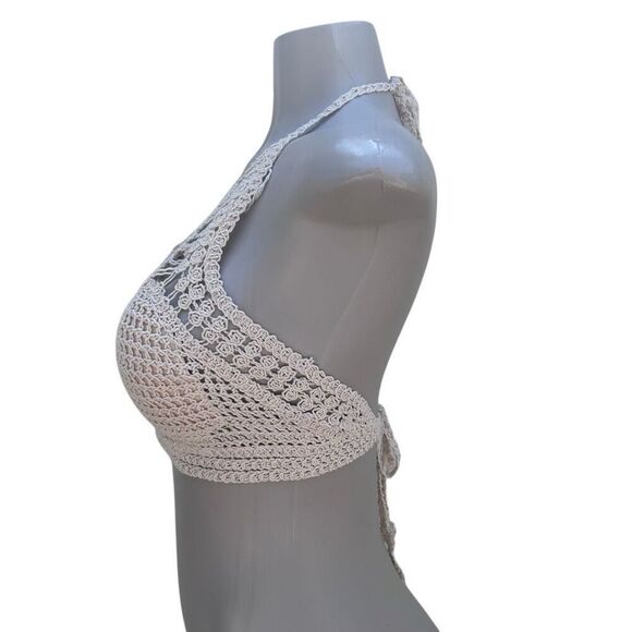 Rebellion Again Crop Top Women's Medium Ecru Crochet Macrame Halter Tie Boho - Picture 9 of 15